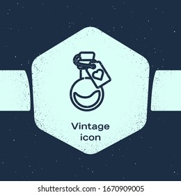 Grunge line Bottle with love potion icon isolated on blue background. Valentines day symbol. Monochrome vintage drawing. Vector Illustration