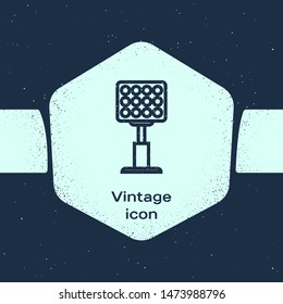 Grunge line Bright stadium lights icon isolated on blue background. Spotlight on a football field. Floodlight, light projector. Monochrome vintage drawing. Vector Illustration