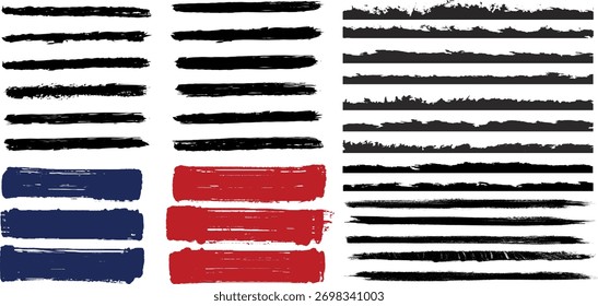 Grunge Line Brush Strokes Set - Rayas de rodillos de pintura dibujadas a mano, manchas de tinta áspera, Vector de bordes de rectángulo grunge