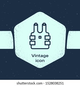 Grunge line Bulletproof vest for protection from bullets icon isolated on blue background. Body armor sign. Military clothing. Monochrome vintage drawing. Vector Illustration