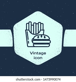 Grunge line Burger and french fries in carton package box icon isolated on blue background. Hamburger, cheeseburger sandwich. Fast food menu. Monochrome vintage drawing. Vector Illustration