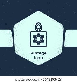 Grunge line Burning candle in candlestick with star of david icon isolated on blue background. Cylindrical candle stick with burning flame. Monochrome vintage drawing. Vector