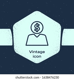 Grunge line Business man planning mind icon isolated on blue background. Human head with dollar. Idea to earn money. Business investment growth. Monochrome vintage drawing. Vector Illustration