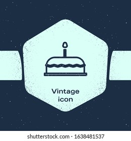 Grunge line Cake with burning candles icon isolated on blue background. Happy Birthday. Monochrome vintage drawing. Vector Illustration