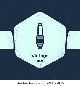 Grunge line Car spark plug icon isolated on blue background. Car electric candle. Monochrome vintage drawing. Vector Illustration