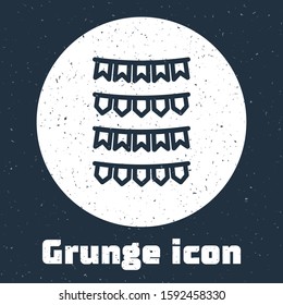 Grunge line Carnival garland with flags icon isolated on grey background. Party pennants for birthday celebration, festival and fair decoration. Monochrome vintage drawing. Vector Illustration