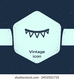 Grunge line Carnival garland with flags icon isolated on blue background. Party pennants for birthday celebration, festival decoration. Monochrome vintage drawing. Vector