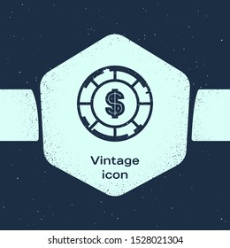 Grunge line Casino chip with dollar symbol icon isolated on blue background. Casino gambling. Monochrome vintage drawing. Vector Illustration