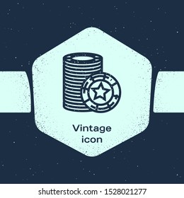 Grunge line Casino chips icon isolated on blue background. Casino gambling. Monochrome vintage drawing. Vector Illustration