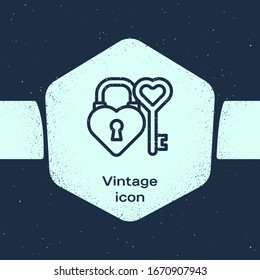 Grunge line Castle in the shape of a heart and key in heart shape icon isolated on blue background. Love symbol and keyhole sign. Monochrome vintage drawing. Vector Illustration