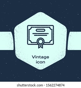 Grunge line Certificate template icon isolated on blue background. Achievement, award, degree, grant, diploma. Business success certificate. Monochrome vintage drawing. Vector Illustration