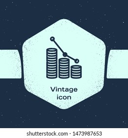 Grunge line chart infographic and coin icon isolated on blue background. Diagram chart sign.  Monochrome vintage drawing. Vector Illustration