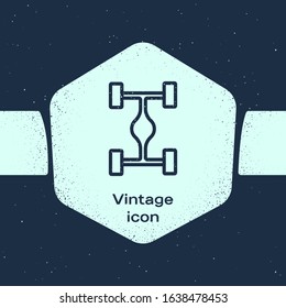Grunge line Chassis car icon isolated on blue background. Monochrome vintage drawing. Vector Illustration
