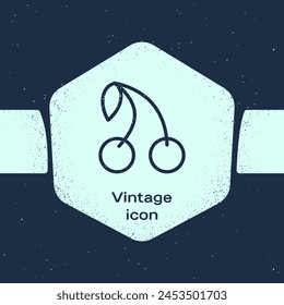 Grunge line Cherry icon isolated on blue background. Fruit with leaf symbol. Monochrome vintage drawing. Vector