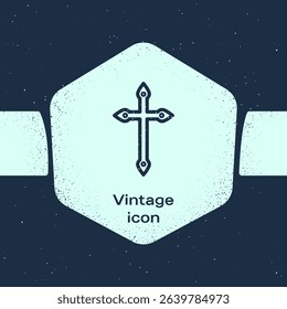 Grunge line Christian cross icon isolated on blue background. Church cross. Monochrome vintage drawing. Vector Illustration