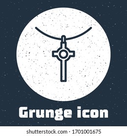 Grunge line Christian cross on chain icon isolated on grey background. Church cross. Monochrome vintage drawing. Vector Illustration