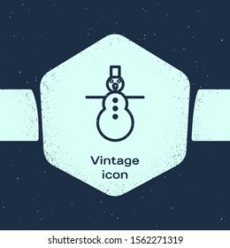 Grunge line Christmas snowman icon isolated on blue background. Merry Christmas and Happy New Year. Monochrome vintage drawing. Vector Illustration
