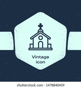 Grunge line Church building icon isolated on blue background. Christian Church. Religion of church. Monochrome vintage drawing. Vector Illustration