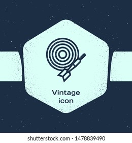Grunge line Classic dart board and arrow icon isolated on blue background. Dartboard sign. Game concept. Monochrome vintage drawing. Vector Illustration