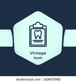 Grunge line Clipboard with dental card or patient medical records icon isolated on blue background. Dental insurance. Dental clinic report. Monochrome vintage drawing. Vector Illustration