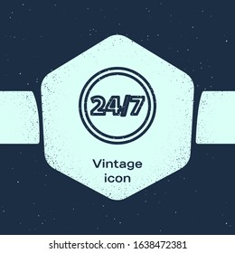 Grunge line Clock 24 hours icon isolated on blue background. All day cyclic icon. 24 hours service symbol. Monochrome vintage drawing. Vector Illustration