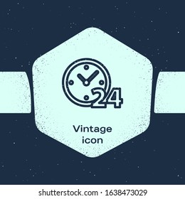 Grunge line Clock 24 hours icon isolated on blue background. All day cyclic icon. 24 hours service symbol. Monochrome vintage drawing. Vector Illustration