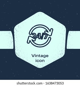 Grunge line Clock 24 hours icon isolated on blue background. All day cyclic icon. 24 hours service symbol. Monochrome vintage drawing. Vector Illustration
