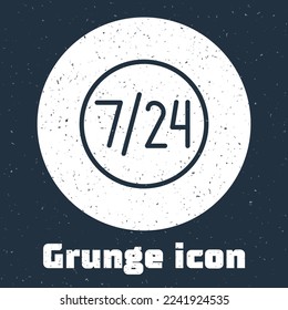 Grunge line Clock 24 hours icon isolated on grey background. All day cyclic icon. 24 hours service symbol. Monochrome vintage drawing. Vector Illustration
