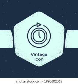 Grunge line Clock with arrow icon isolated on blue background. Time symbol. Clockwise rotation icon arrow and time. Monochrome vintage drawing. Vector