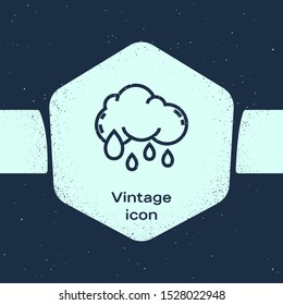 Grunge line Cloud with rain icon isolated on blue background. Rain cloud precipitation with rain drops. Monochrome vintage drawing. Vector Illustration
