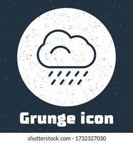 Grunge line Cloud with rain icon isolated on grey background. Rain cloud precipitation with rain drops. Monochrome vintage drawing. Vector Illustration