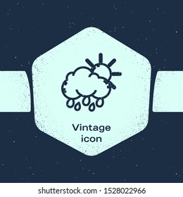 Grunge line Cloud with rain and sun icon isolated on blue background. Rain cloud precipitation with rain drops. Monochrome vintage drawing. Vector Illustration