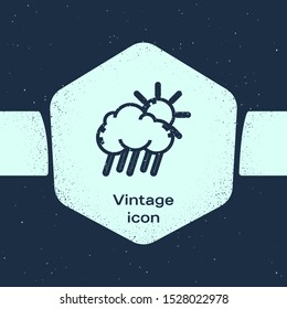 Grunge line Cloud with rain and sun icon isolated on blue background. Rain cloud precipitation with rain drops. Monochrome vintage drawing. Vector Illustration