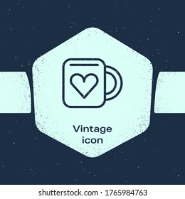 Grunge line Coffee cup and heart icon isolated on blue background. Couple coffee for lovers on Valentines Day. Monochrome vintage drawing. Vector