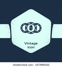 Grunge line Coin money with dollar symbol icon isolated on blue background. Banking currency sign. Cash symbol. Monochrome vintage drawing. Vector Illustration