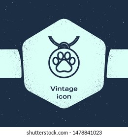Grunge line Collar with name tag icon isolated on blue background. Supplies for domestic animal. Dog or cat paw print. Cat and dog care. Pet chains. Monochrome vintage drawing. Vector Illustration