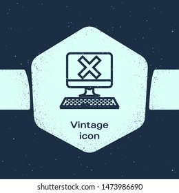 Grunge line Computer with keyboard and x mark icon isolated on blue background. Error window, exit button, cancel, 404 error page not found concept. Monochrome vintage drawing. Vector Illustration