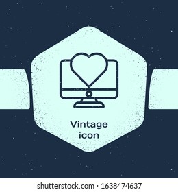 Grunge line Computer monitor with heart icon isolated on blue background. Valentines day. Monochrome vintage drawing. Vector Illustration
