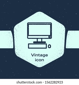 Grunge line Computer monitor with keyboard and mouse icon isolated on blue background. PC component sign. Monochrome vintage drawing. Vector Illustration