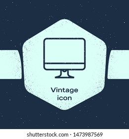 Grunge line Computer monitor screen icon isolated on blue background. Electronic device. Front view.  Monochrome vintage drawing. Vector Illustration