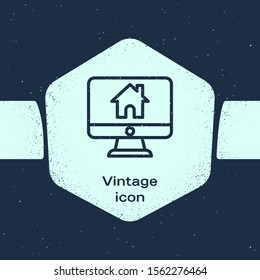 Grunge line Computer monitor with smart home icon isolated on blue background. Remote control. Monochrome vintage drawing. Vector Illustration
