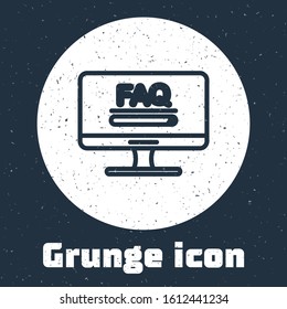 Grunge line Computer monitor with text FAQ information icon isolated on grey background. Frequently asked questions. Monochrome vintage drawing. Vector Illustration