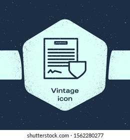 Grunge line Contract with shield icon isolated on blue background. Insurance concept. Security, safety, protection, protect concept. Monochrome vintage drawing. Vector Illustration