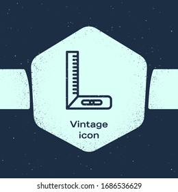 Grunge line Corner ruler icon isolated on blue background. Setsquare, angle ruler, carpentry, measuring utensil, scale. Monochrome vintage drawing. Vector Illustration