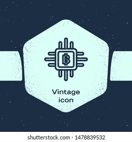 Grunge line CPU mining farm icon isolated on blue background. Bitcoin sign inside processor. Cryptocurrency mining community. Digital money. Monochrome vintage drawing. Vector Illustration
