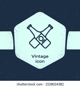 Grunge line Crossed beer bottle icon isolated on blue background. Monochrome vintage drawing. Vector Illustration