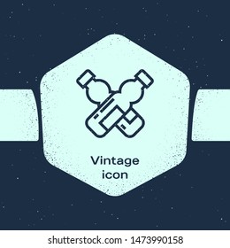 Grunge line Crossed bottle of water icon isolated on blue background. Soda aqua drink sign. Monochrome vintage drawing. Vector Illustration