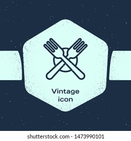 Grunge line Crossed fork icon isolated on blue background. Cutlery symbol. Monochrome vintage drawing. Vector Illustration