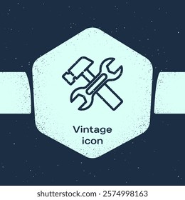 Grunge line Crossed hammer and wrench spanner icon isolated on blue background. Hardware tools. Monochrome vintage drawing. Vector