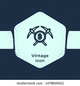 Grunge line Crossed pickaxe icon isolated on blue background. Blockchain technology, cryptocurrency mining, bitcoin, altcoins, digital money market. Monochrome vintage drawing. Vector Illustration